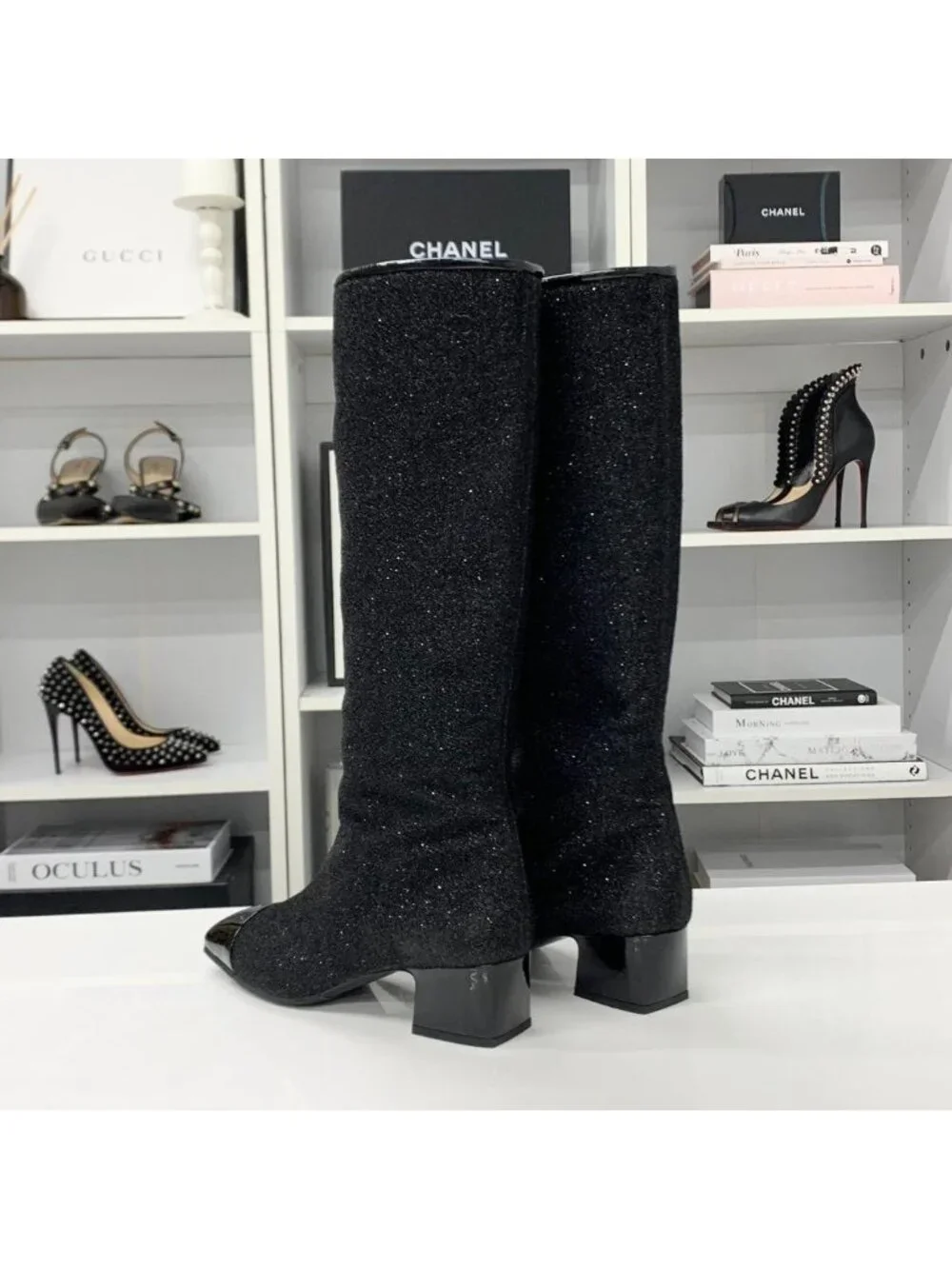 Chanel CC Logo Fabric Patent Glitter Long Boots Black